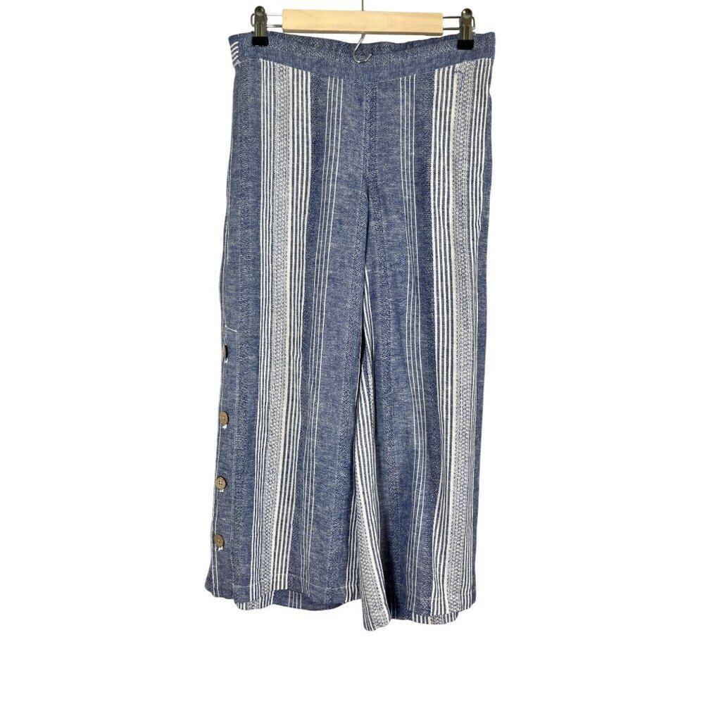 J Jill Linen Striped Wide Leg Pant XS Blue Boho Western Preppy Resort Classic 80